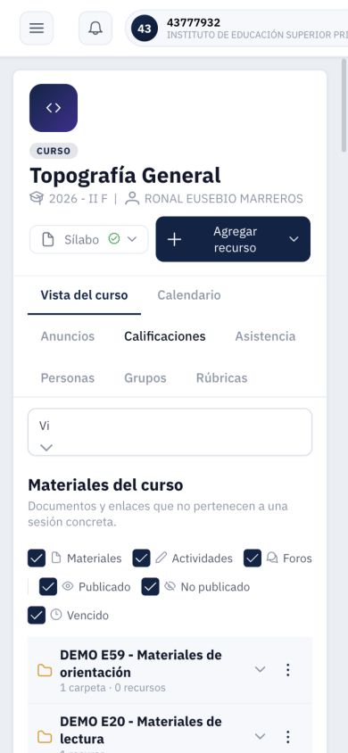 Materiales docentes a 390 píxeles: pestañas en varias filas y selector cerrado con etiqueta recortada.