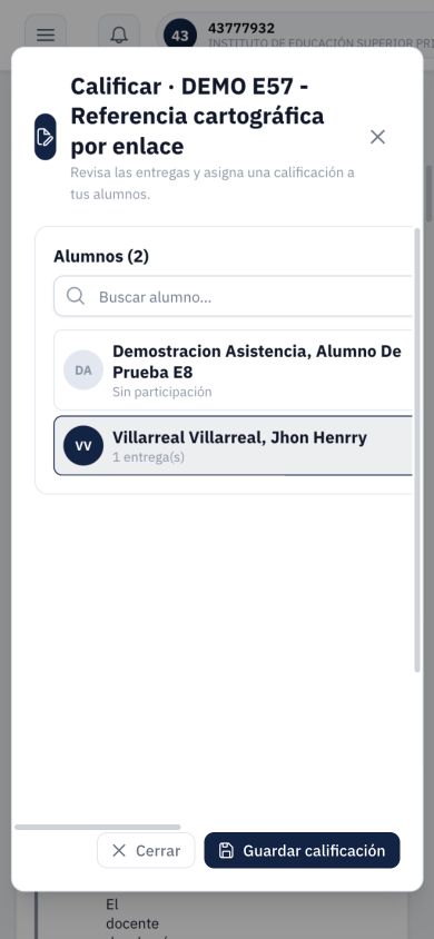 Bandeja docente E57 a 390 píxeles: Jhon seleccionado y detalle fuera de la primera columna visible.