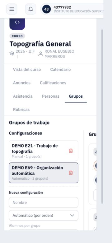 Grupos docentes a 360 píxeles: E69 seleccionada y detalle de equipos recortado a la derecha.