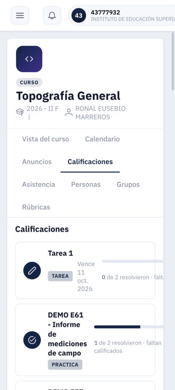 Calificaciones docente a 360 píxeles: tarjetas con avance y acciones fuera del área visible.