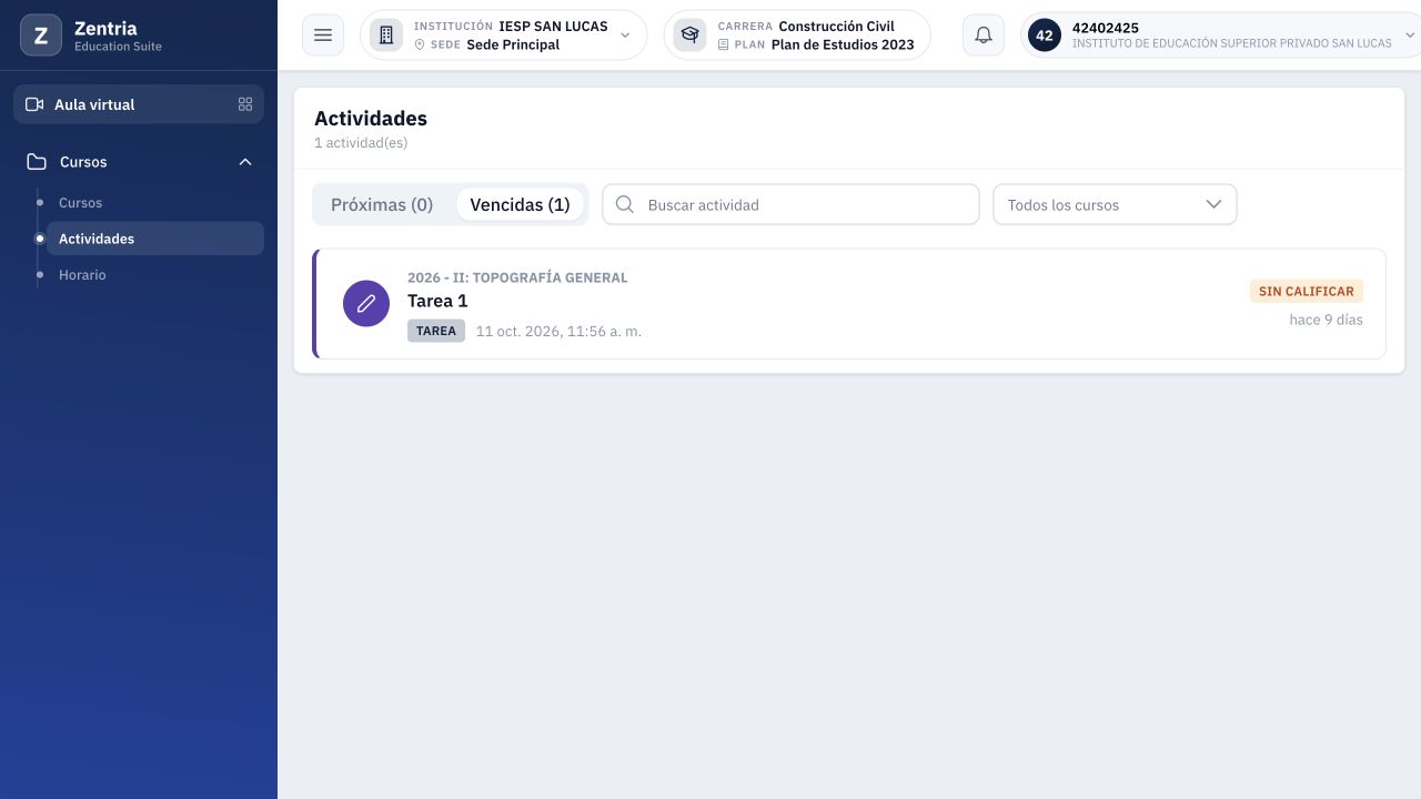 Alumno: Tarea 1 se ofrece en Actividades > Vencidas, independientemente de su carpeta del árbol.