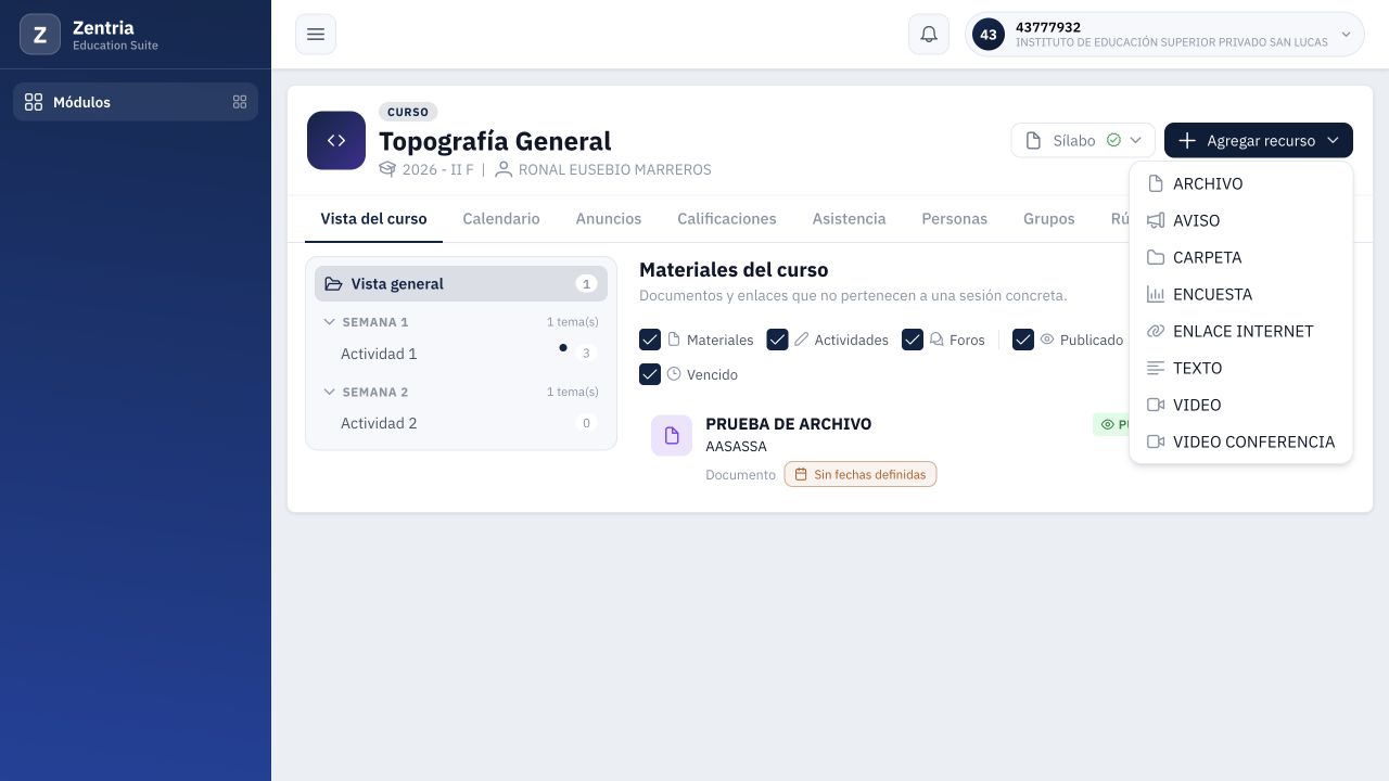 Agregar recurso en Vista general: archivo, aviso, carpeta, encuesta, enlace, texto, vídeo y videoconferencia.