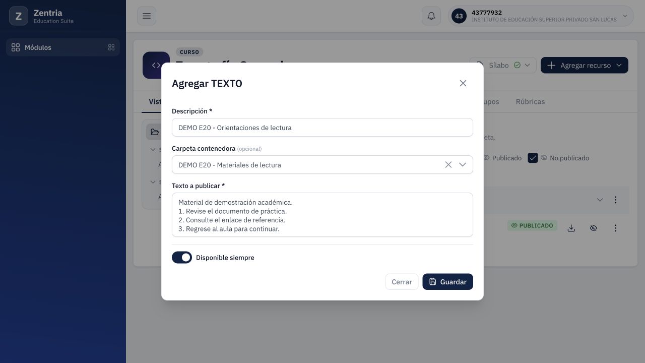 Texto preparado dentro de DEMO E20 - Materiales de lectura y con Disponible siempre; todavía no acredita guardado.