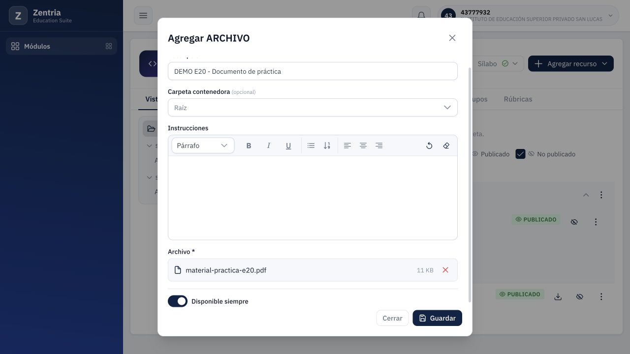 Archivo PDF de práctica elegido y Disponible siempre activado; el formulario aún está preparado para guardar.