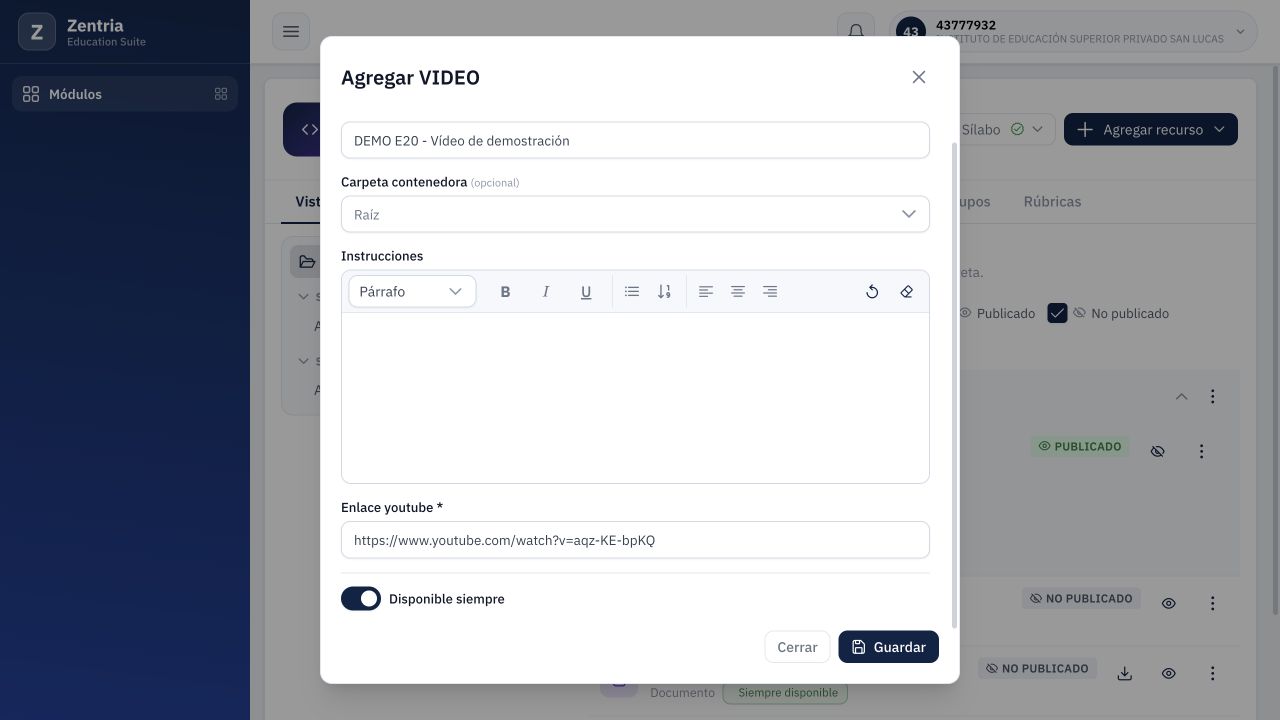 Formulario VIDEO con Enlace youtube; no corresponde a la creación de una sala de videoconferencia.