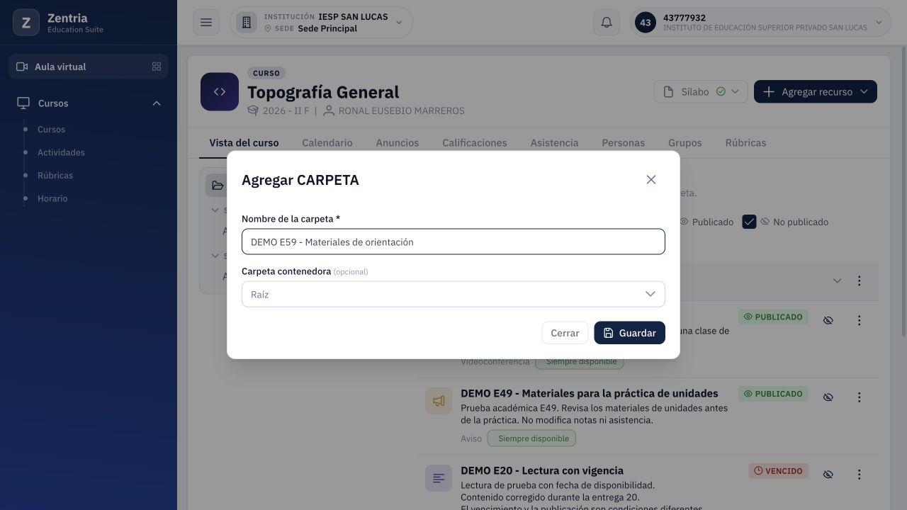Nueva carpeta de prueba: nombre y ubicación Raíz antes de guardar.