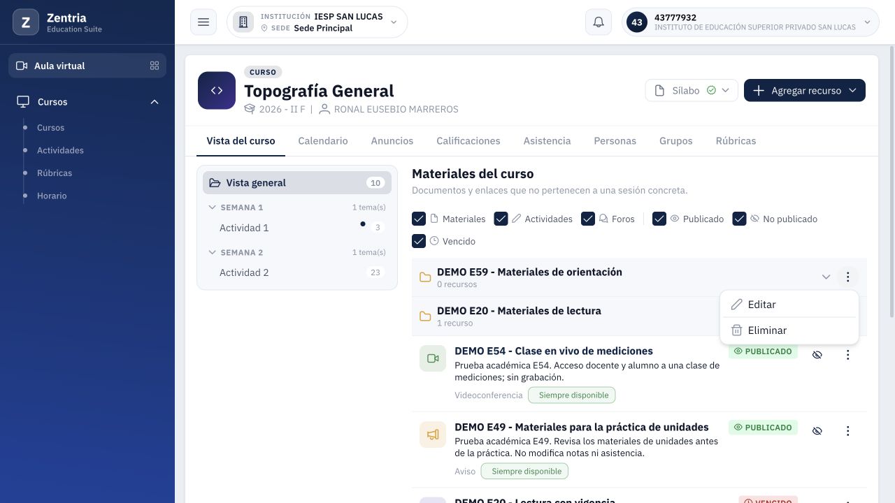 Menú de la carpeta: Editar y Eliminar; no ofrece Publicar en esta vista.
