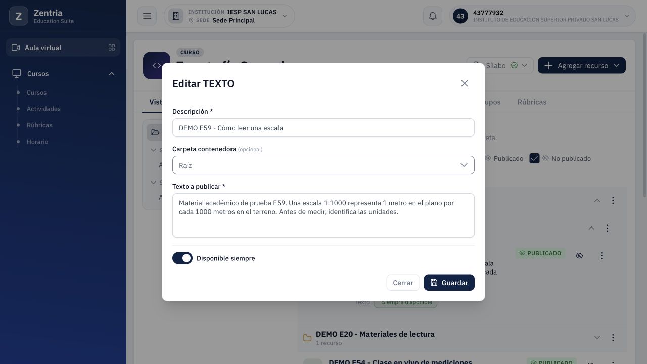 Edición del mismo texto con Carpeta contenedora en Raíz antes del guardado.