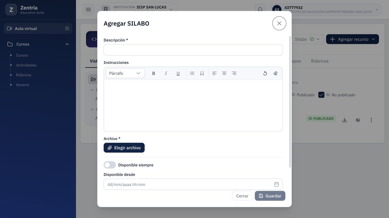 Agregar SILABO vacío: Descripción y Archivo obligatorios; Guardar está deshabilitado.