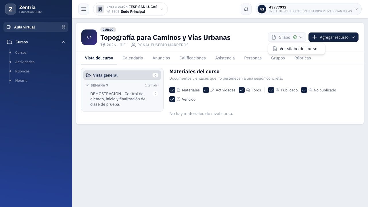 Otro componente del docente: el menú ofrece el oficial y no muestra la acción de subir adjunto.