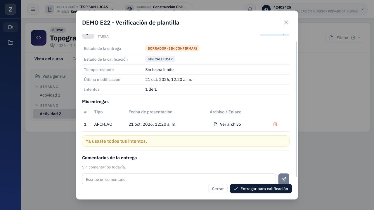 Archivo guardado como Borrador (sin confirmar); todavía Sin calificar y con Entregar para calificación disponible.