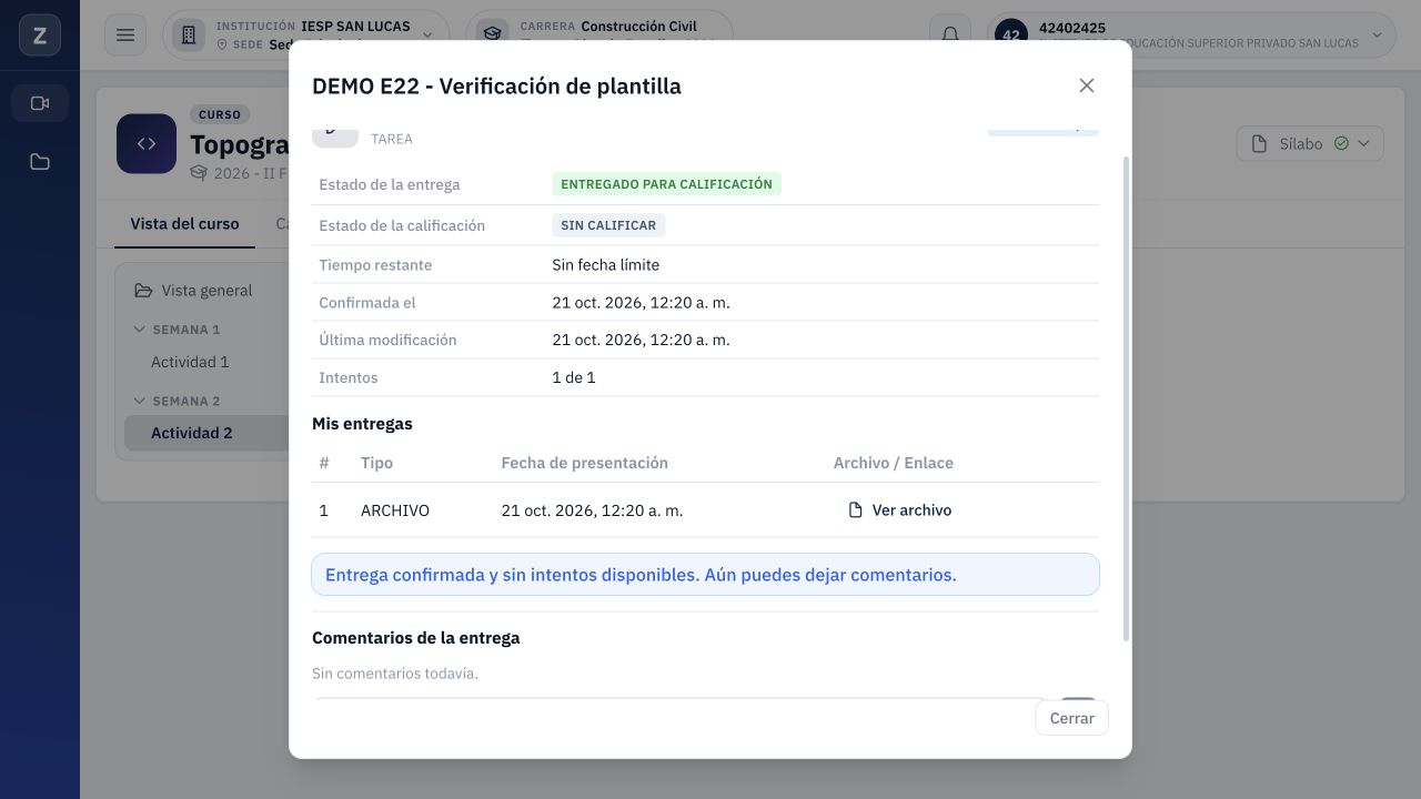 Entrega confirmada del alumno; tiene un archivo, un intento usado y todavía no tiene nota.