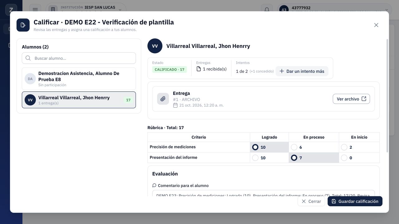 Entrega 24: un intento adicional para Jhon Henrry; contador 1 de 2 y +1 concedido, con la nota anterior intacta.