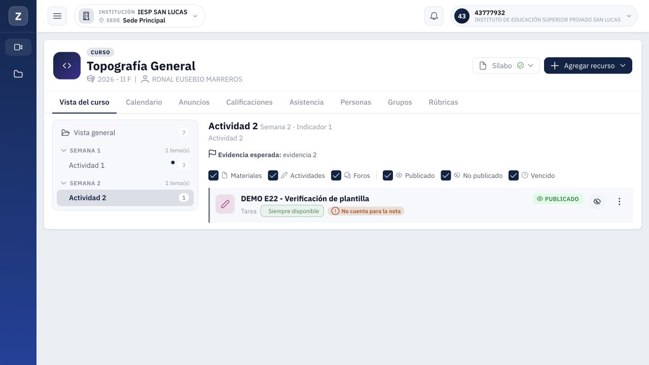 La misma tarea después de publicar; conserva No cuenta para la nota.