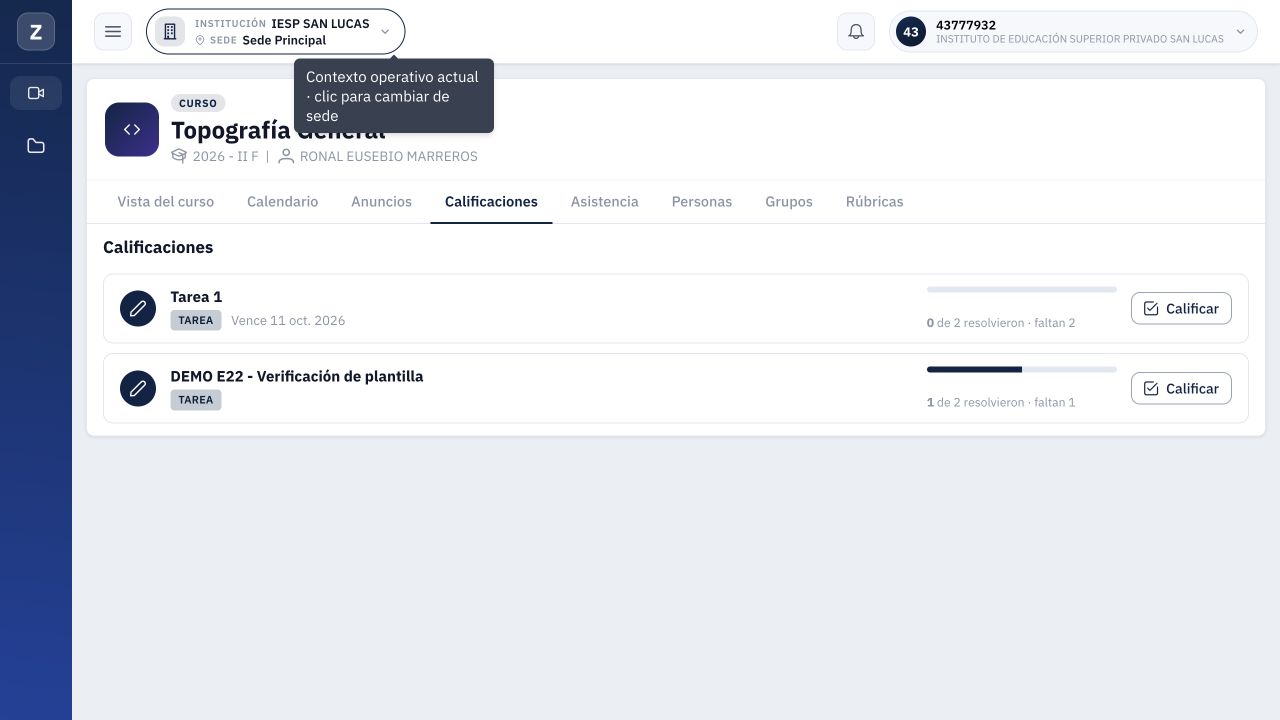 Listado de evaluables del docente: una entrega resuelta de dos alumnos para la tarea de prueba.