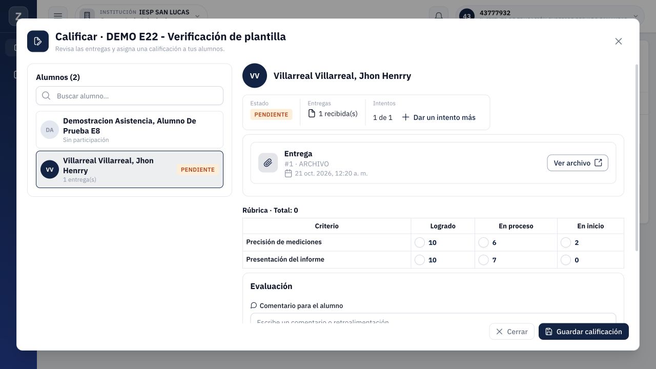 Alumno seleccionado antes de calificar: una entrega recibida y rúbrica aún sin niveles marcados.