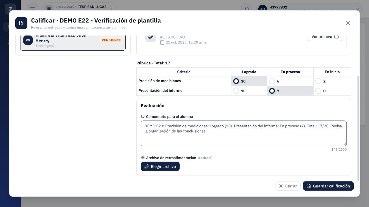 Evaluación preparada: una selección por criterio, total 17 y comentario; aún falta guardar.