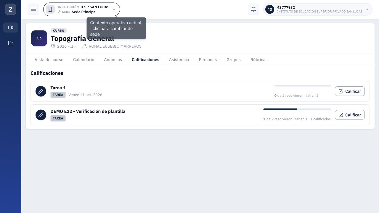 Resumen después de recargar: una entrega resuelta y una calificada; el segundo alumno continúa pendiente.