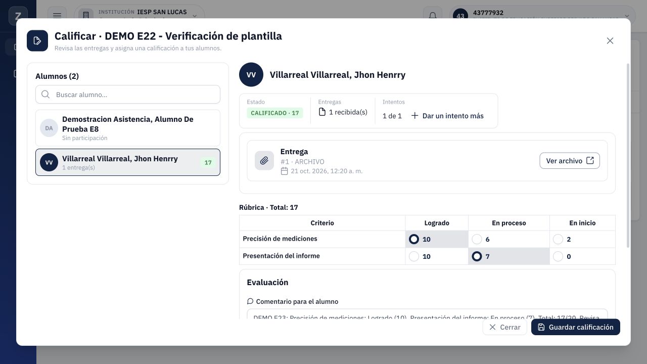 Evaluación reabierta después de recargar: nota 17 y ambas selecciones persistentes.