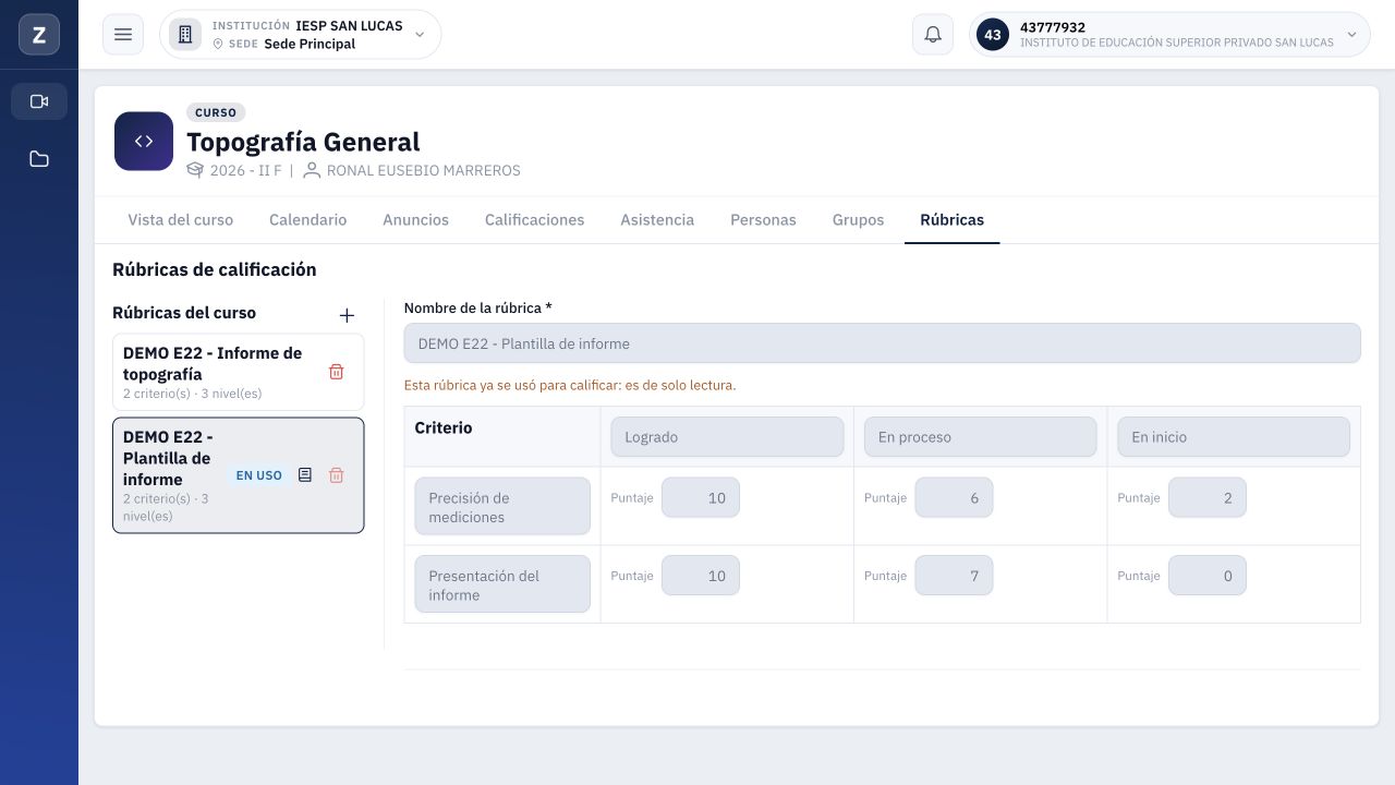 Matriz utilizada en la calificación: solo lectura y eliminación deshabilitada en la interfaz.
