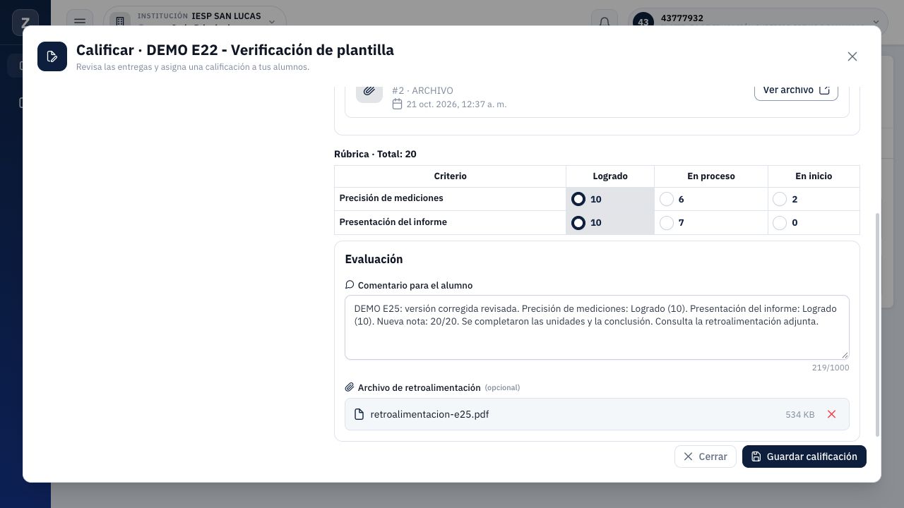 Evaluación preparada: total 20, comentario nuevo y PDF seleccionado, todavía sin guardar.
