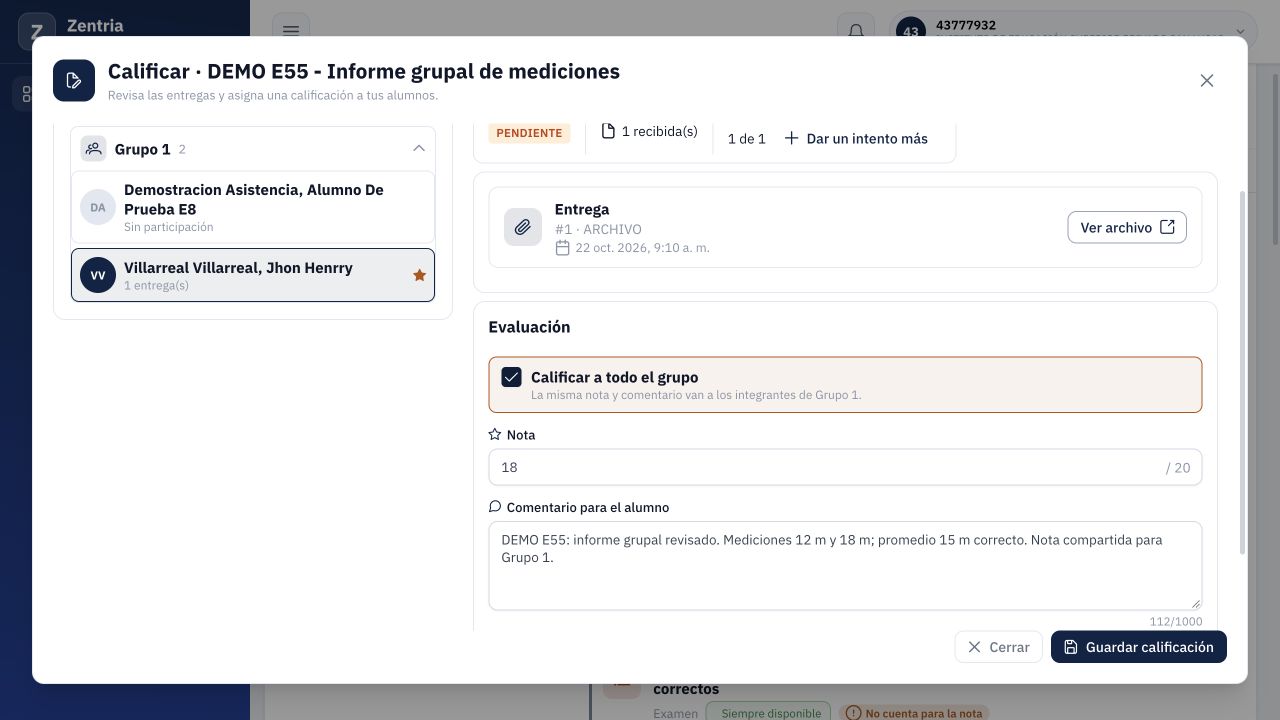 Nota 18 y comentario preparados con Calificar a todo el grupo activado.