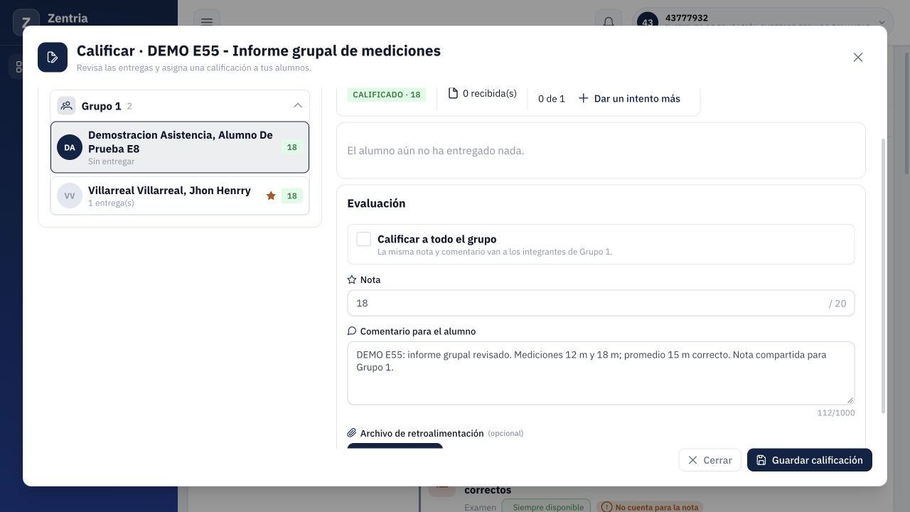 Integrante sin archivo propio con nota 18 y comentario del grupo; la entrega no se duplica.