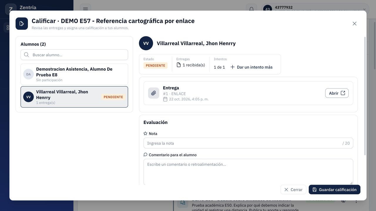 Recepción docente de una entrega ENLACE confirmada, pendiente de calificación y con control Abrir.