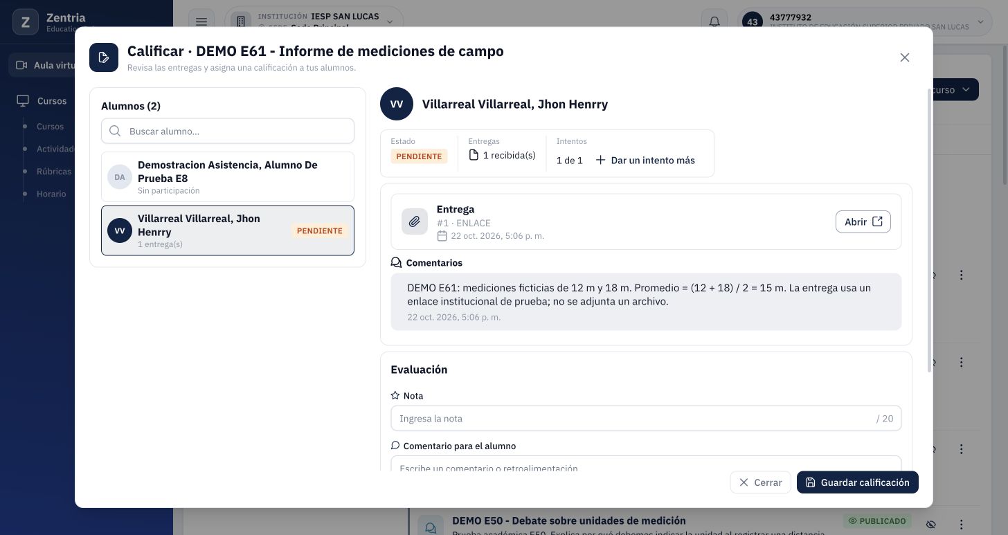 Bandeja docente: una práctica ENLACE recibida de Jhon, pendiente de evaluación.