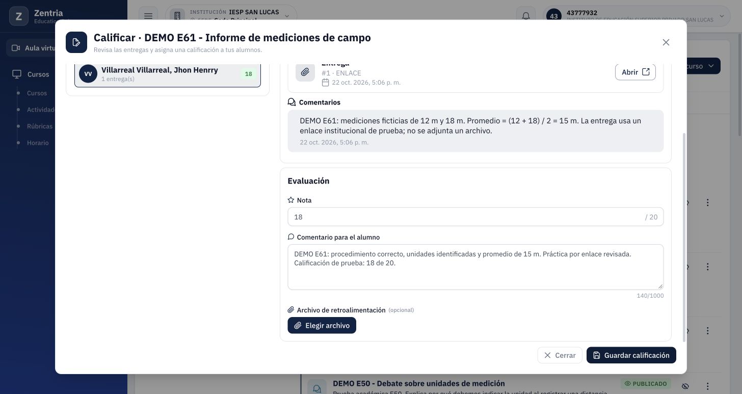 Calificación SIMPLE guardada: estado CALIFICADO y nota 18 para Jhon.