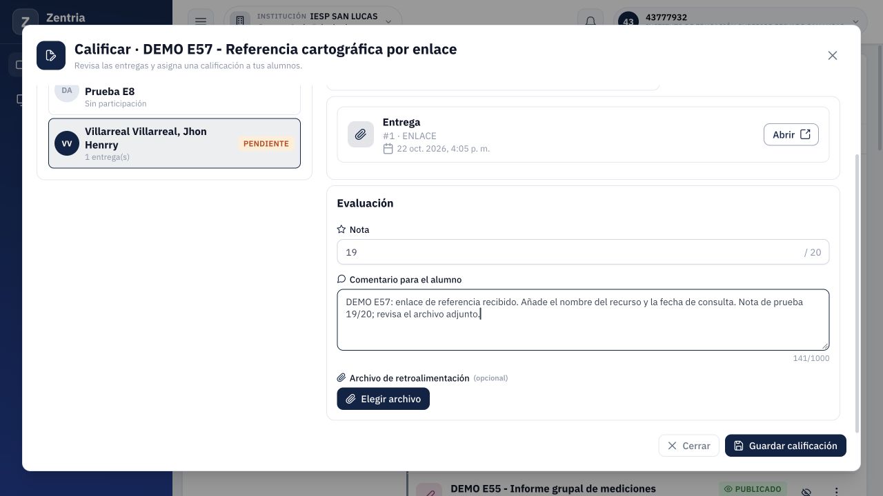 E66 antes de guardar: alumno Jhon seleccionado, nota 19 y comentario preparados en la evaluación SIMPLE.