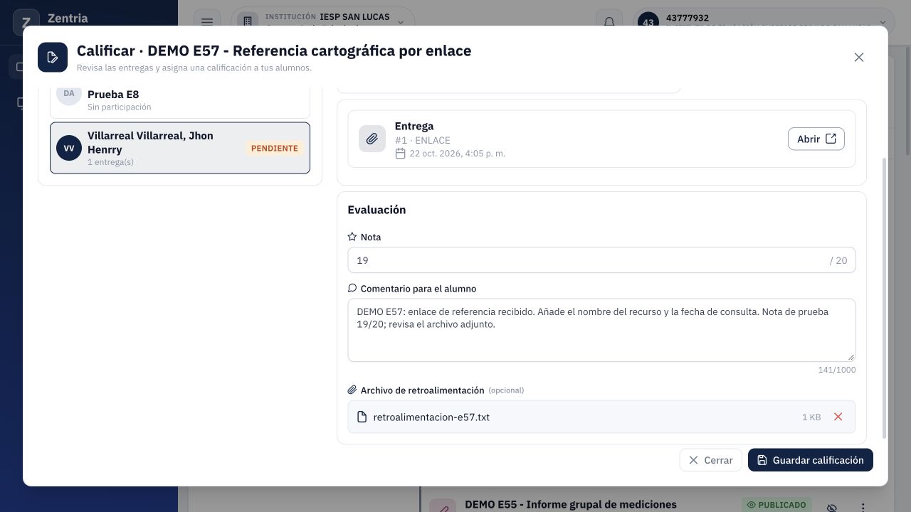 Archivo retroalimentacion-e57.txt seleccionado antes de Guardar calificación; la selección por sí sola no acredita persistencia.