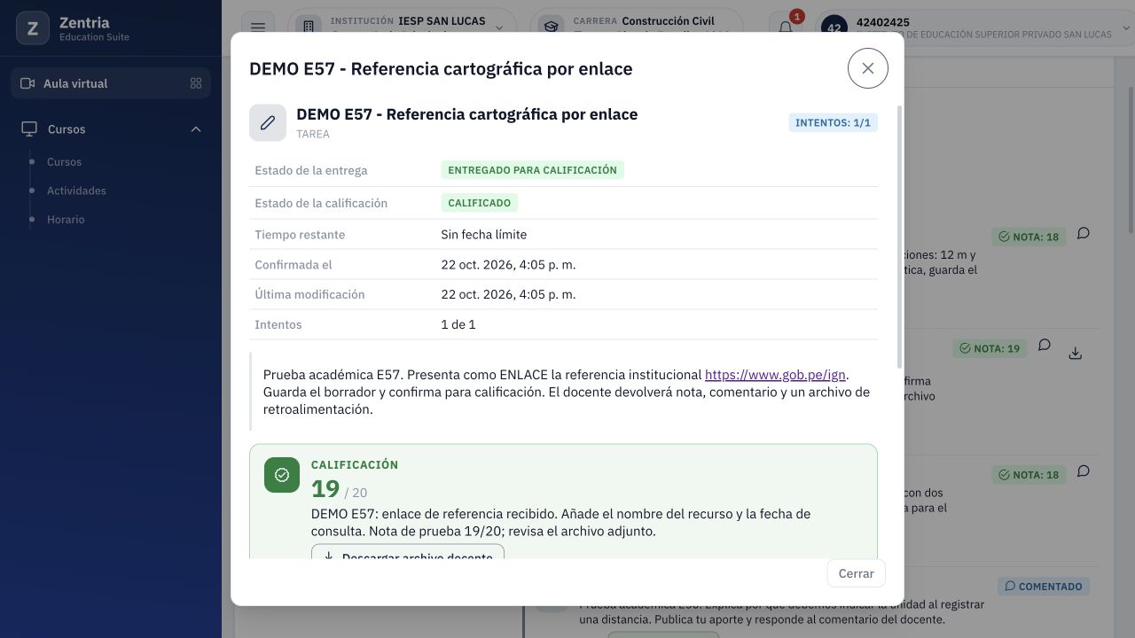 Alumno después de recargar: CALIFICADO, 19/20, comentario guardado y Descargar archivo docente; conserva la entrega ENLACE original.