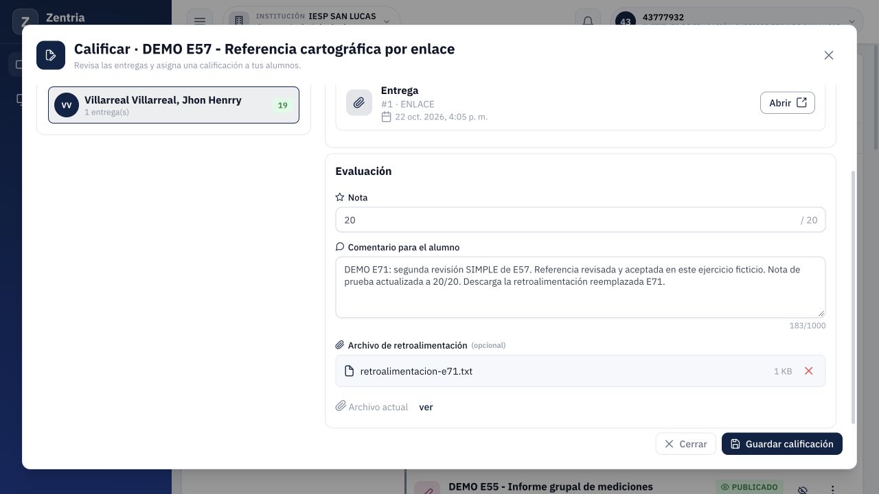 Formulario preparado: nota 20, comentario E71 y retroalimentacion-e71.txt seleccionado antes de guardar.