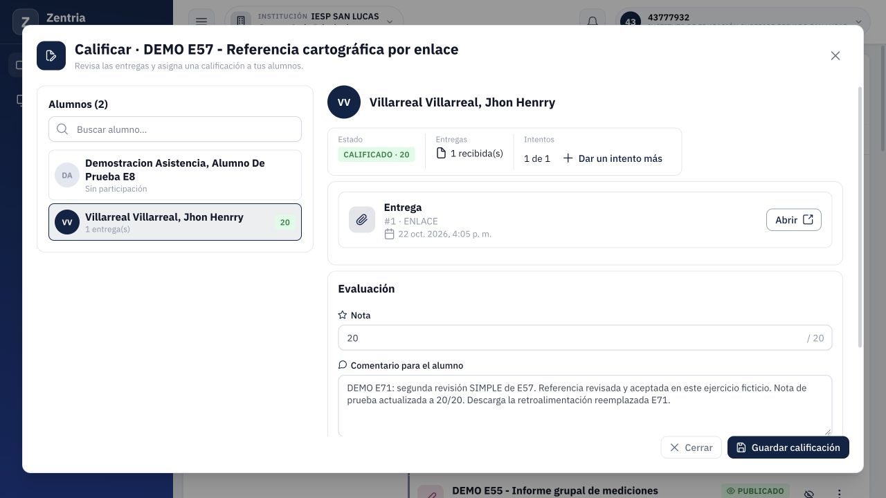 Docente tras recargar: CALIFICADO 20, comentario E71 y entrega original conservados.