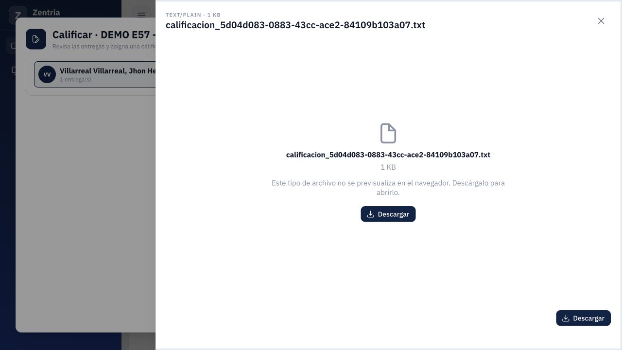 Archivo actual abre la ficha del nuevo TXT de retroalimentación, con nombre generado y descarga.