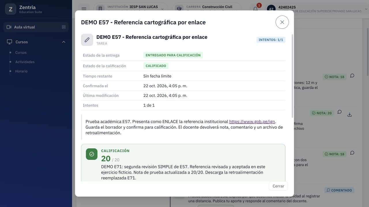 Alumno después de recargar: nota 20/20 y nueva retroalimentación E71 en la misma tarea.