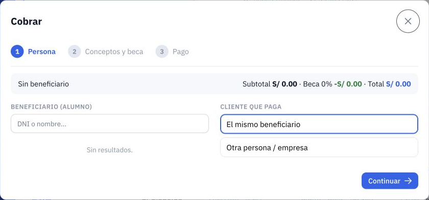Inicio del asistente libre de Caja. Identifique beneficiario y pagador; los campos se muestran sin completar.