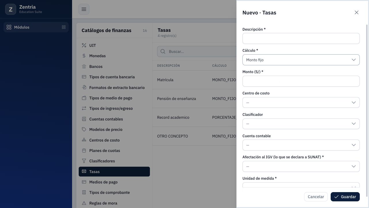 Monto fijo seleccionado en una tasa nueva sin guardar.