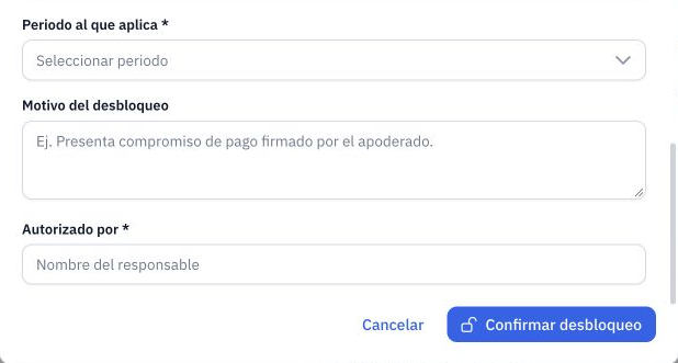 Periodo, motivo, responsable y confirmación del desbloqueo.