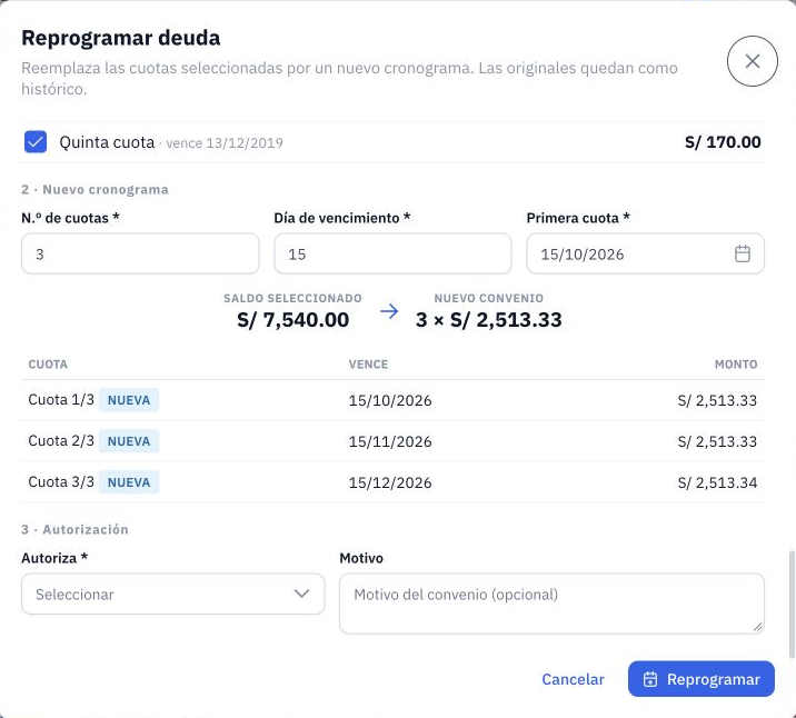 Propuesta de cuotas y autorización de la reprogramación.