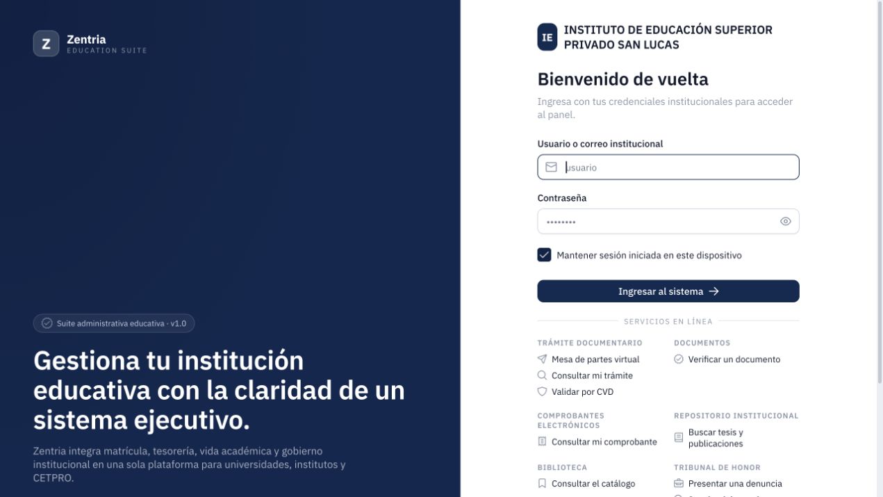 Pantalla real de acceso a Zentria, con el formulario de ingreso y los servicios públicos